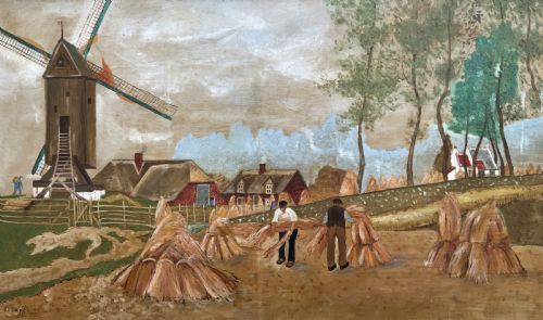 fig 2. A mid-20th-century naive oil painting depicting agricultural workers gathering hay bales in a field beside a timber windmill, thatched cottages, and trees, presented in a gilt frame.