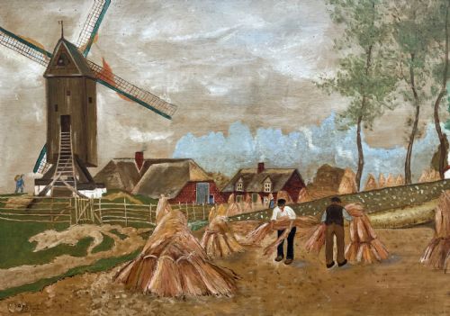 fig 3. A mid-20th-century naive oil painting depicting agricultural workers gathering hay bales in a field beside a timber windmill, thatched cottages, and trees, presented in a gilt frame.
