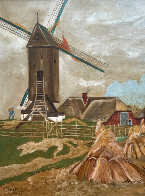 fig 7. A mid-20th-century naive oil painting depicting agricultural workers gathering hay bales in a field beside a timber windmill, thatched cottages, and trees, presented in a gilt frame.