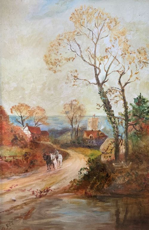 fig 1. A Wonderful 19thc Antique English Countryside Landscape Painting With A Horseman