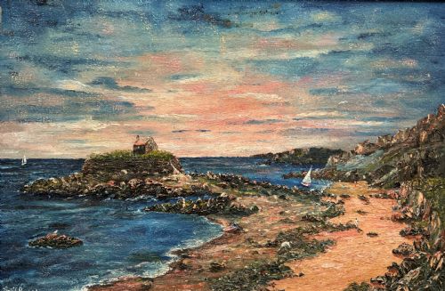 fig 1. An impressionist framed oil painting depicting a Welsh coastal scene with a cottage on a rocky island under a blue and pink sky.