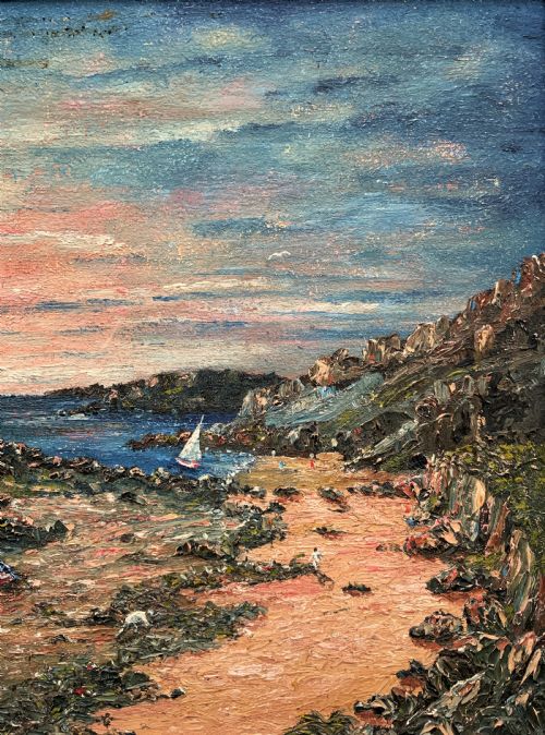 fig 3. An impressionist framed oil painting depicting a Welsh coastal scene with a cottage on a rocky island under a blue and pink sky.