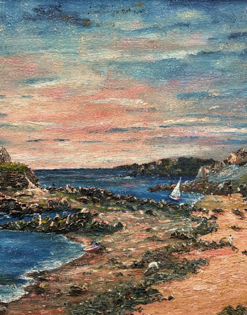 fig 4. An impressionist framed oil painting depicting a Welsh coastal scene with a cottage on a rocky island under a blue and pink sky.