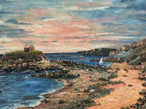fig 6. An impressionist framed oil painting depicting a Welsh coastal scene with a cottage on a rocky island under a blue and pink sky.
