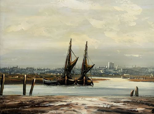 fig 2. An impasto oil painting depicting two masted sailing barges moored on an estuary mudflat with an industrial skyline under a cloudy sky.