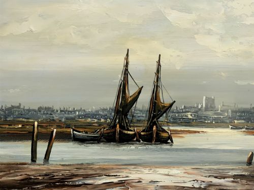 fig 3. An impasto oil painting depicting two masted sailing barges moored on an estuary mudflat with an industrial skyline under a cloudy sky.