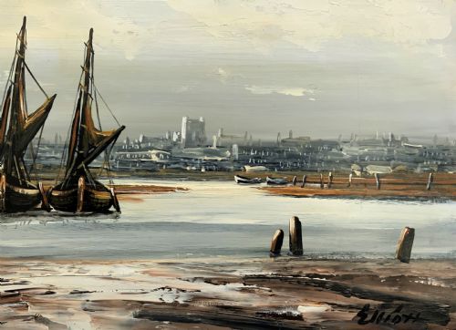 fig 4. An impasto oil painting depicting two masted sailing barges moored on an estuary mudflat with an industrial skyline under a cloudy sky.