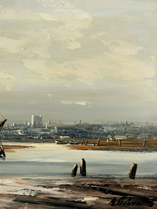 fig 5. An impasto oil painting depicting two masted sailing barges moored on an estuary mudflat with an industrial skyline under a cloudy sky.