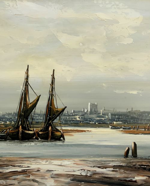 fig 6. An impasto oil painting depicting two masted sailing barges moored on an estuary mudflat with an industrial skyline under a cloudy sky.