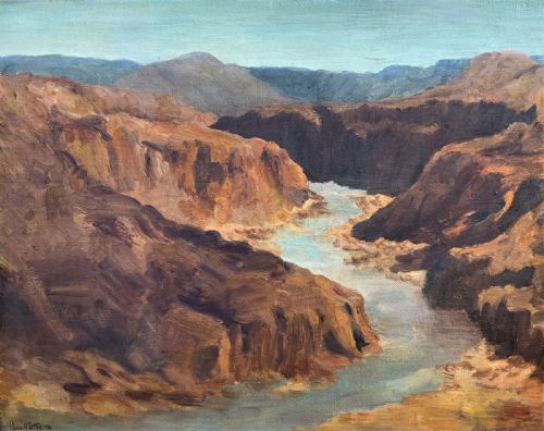 fig 1. An impressionist oil painting depicting a steep rocky gorge with a winding turquoise river inside a warm timber frame.