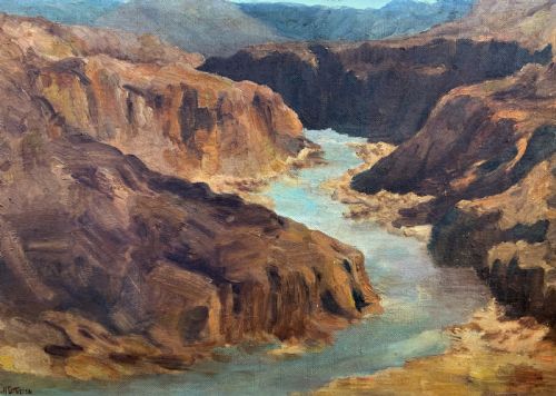 fig 3. An impressionist oil painting depicting a steep rocky gorge with a winding turquoise river inside a warm timber frame.