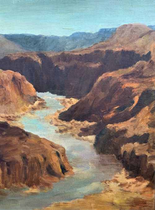fig 4. An impressionist oil painting depicting a steep rocky gorge with a winding turquoise river inside a warm timber frame.