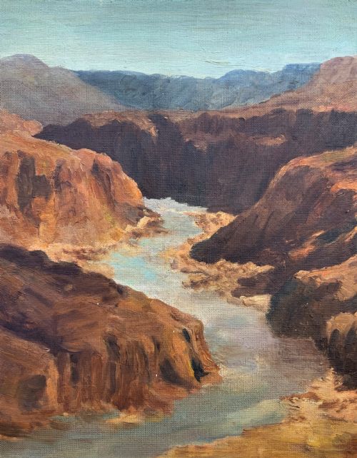 fig 5. An impressionist oil painting depicting a steep rocky gorge with a winding turquoise river inside a warm timber frame.