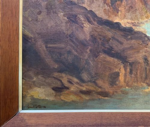 fig 7. An impressionist oil painting depicting a steep rocky gorge with a winding turquoise river inside a warm timber frame.