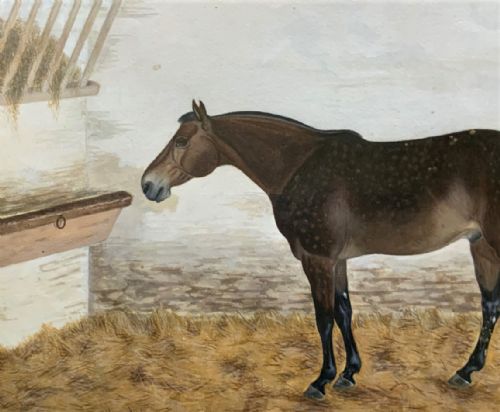 fig 3. Framed 19th-century watercolour painting depicting a brown dappled horse standing inside a stable beside a hay rack.