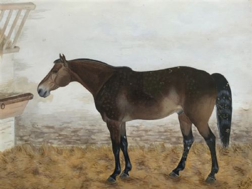 fig 6. Framed 19th-century watercolour painting depicting a brown dappled horse standing inside a stable beside a hay rack.