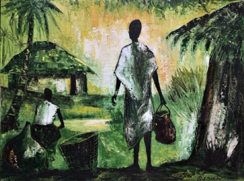 fig 1. A mid-20th-century oil painting depicting figures in an African village setting with palm trees and thatched huts, rendered in shades of green and yellow within a wooden frame.