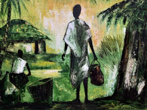 fig 2. A mid-20th-century oil painting depicting figures in an African village setting with palm trees and thatched huts, rendered in shades of green and yellow within a wooden frame.