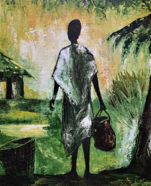 fig 3. A mid-20th-century oil painting depicting figures in an African village setting with palm trees and thatched huts, rendered in shades of green and yellow within a wooden frame.