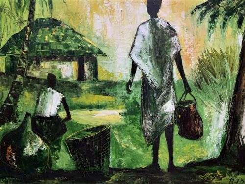 fig 4. A mid-20th-century oil painting depicting figures in an African village setting with palm trees and thatched huts, rendered in shades of green and yellow within a wooden frame.