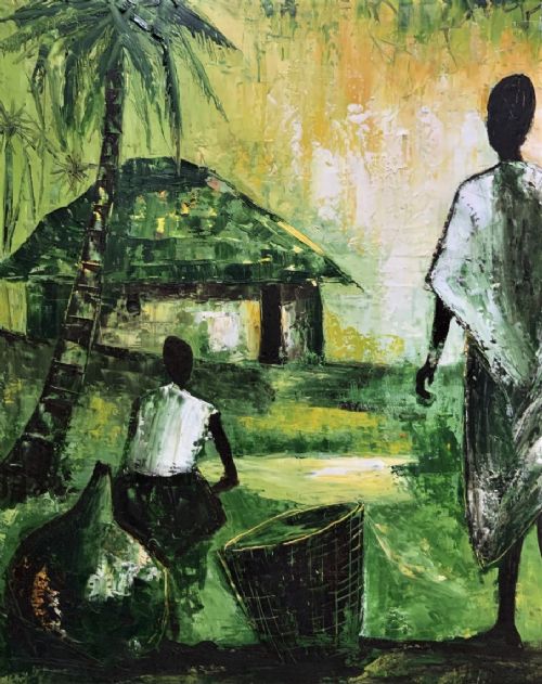 fig 5. A mid-20th-century oil painting depicting figures in an African village setting with palm trees and thatched huts, rendered in shades of green and yellow within a wooden frame.