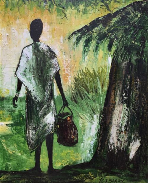 fig 6. A mid-20th-century oil painting depicting figures in an African village setting with palm trees and thatched huts, rendered in shades of green and yellow within a wooden frame.
