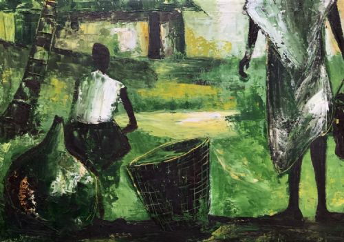 fig 7. A mid-20th-century oil painting depicting figures in an African village setting with palm trees and thatched huts, rendered in shades of green and yellow within a wooden frame.