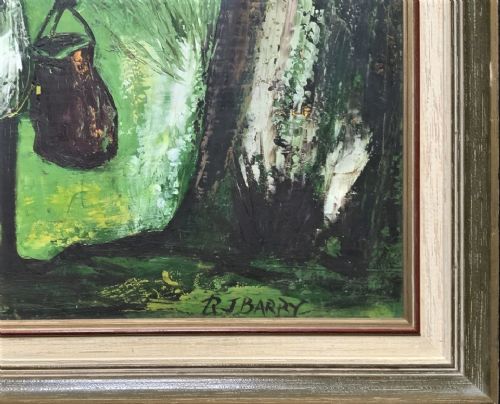 fig 8. A mid-20th-century oil painting depicting figures in an African village setting with palm trees and thatched huts, rendered in shades of green and yellow within a wooden frame.
