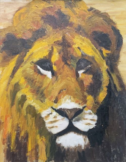 fig 1. A framed mid-century oil painting depicting a close-up portrait of a male lion with textured brushwork in golden yellow, brown, and ochre hues.
