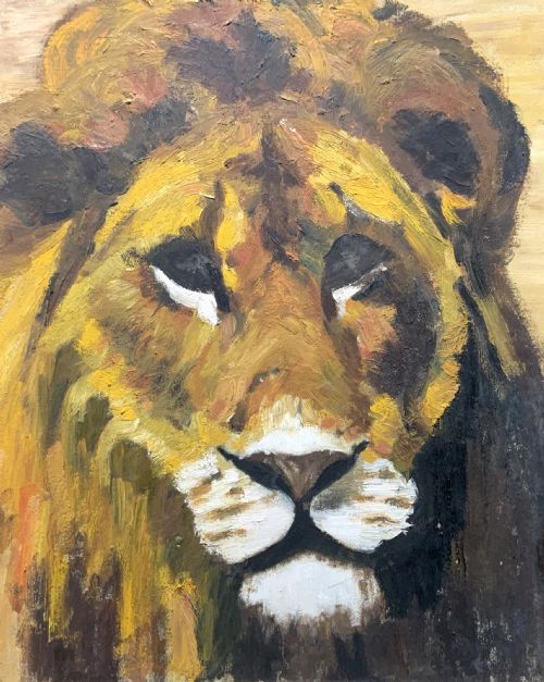 fig 2. A framed mid-century oil painting depicting a close-up portrait of a male lion with textured brushwork in golden yellow, brown, and ochre hues.