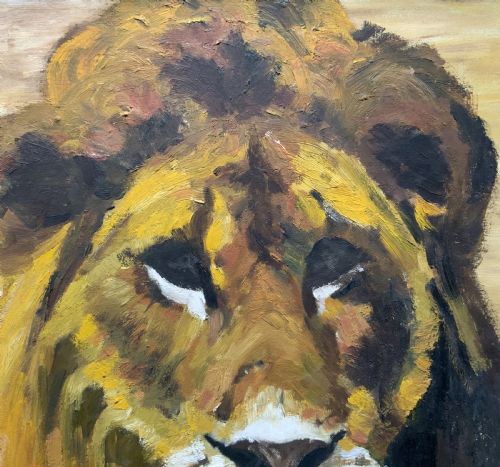 fig 3. A framed mid-century oil painting depicting a close-up portrait of a male lion with textured brushwork in golden yellow, brown, and ochre hues.