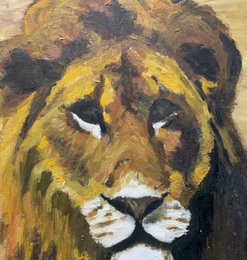 fig 4. A framed mid-century oil painting depicting a close-up portrait of a male lion with textured brushwork in golden yellow, brown, and ochre hues.