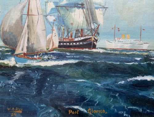 fig 5. Sailing Ship Past Glories Original 1934 Nautical Oil On Board Seascape Painting