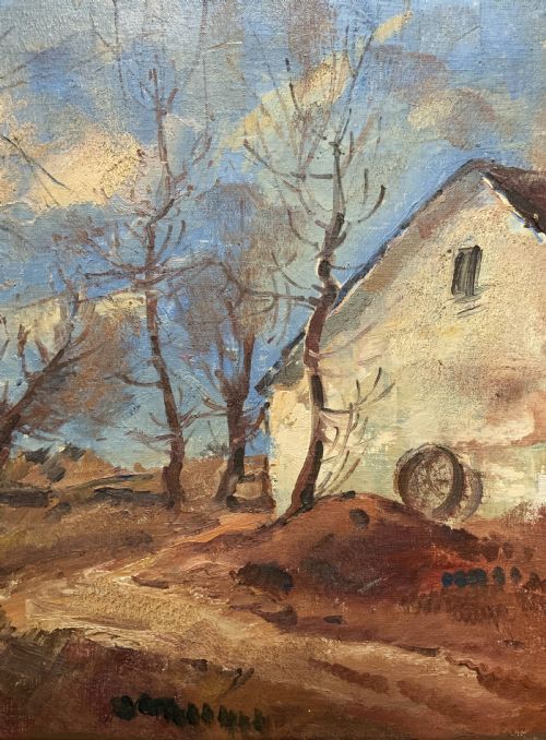 fig 2. A framed mid-20th-century oil painting depicting a rural countryside scene with bare trees, a white building, and a dirt path under a blue sky.