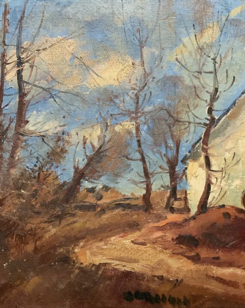 fig 3. A framed mid-20th-century oil painting depicting a rural countryside scene with bare trees, a white building, and a dirt path under a blue sky.