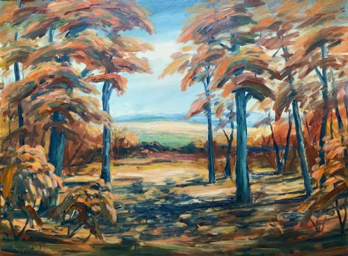 fig 1. An oil painting depicting an autumnal Danish forest clearing with blue tree trunks and orange foliage, presented in a gold moulded frame.