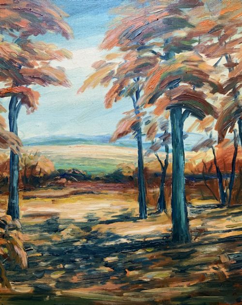 fig 5. An oil painting depicting an autumnal Danish forest clearing with blue tree trunks and orange foliage, presented in a gold moulded frame.