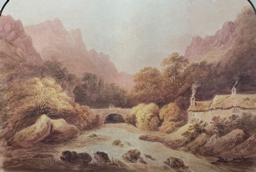 fig 1. A Georgian era sepia watercolour painting depicting a Scottish Highland river landscape with a stone arch bridge, thatched cottage, and craggy mountains.