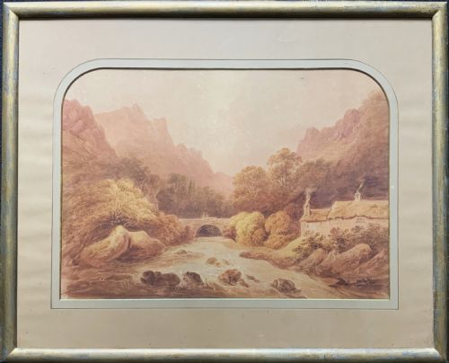 fig 2. A Georgian era sepia watercolour painting depicting a Scottish Highland river landscape with a stone arch bridge, thatched cottage, and craggy mountains.