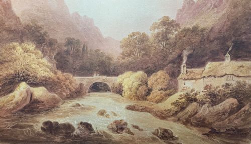 fig 3. A Georgian era sepia watercolour painting depicting a Scottish Highland river landscape with a stone arch bridge, thatched cottage, and craggy mountains.
