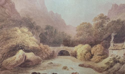 fig 4. A Georgian era sepia watercolour painting depicting a Scottish Highland river landscape with a stone arch bridge, thatched cottage, and craggy mountains.