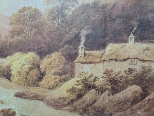 fig 6. A Georgian era sepia watercolour painting depicting a Scottish Highland river landscape with a stone arch bridge, thatched cottage, and craggy mountains.