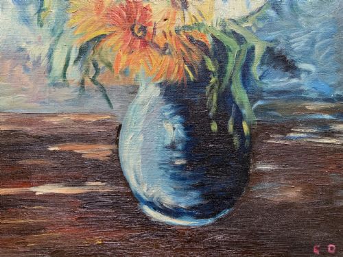 fig 6. An impressionist oil painting depicting yellow and orange flowers in a blue vase against a textured blue backdrop, framed in a moulded gilt wooden frame.