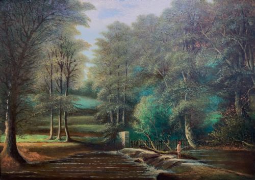 fig 1. An early 20th-century landscape oil painting displaying a woodland river scene with a figure fishing near a weir, encased in a deep gold frame.