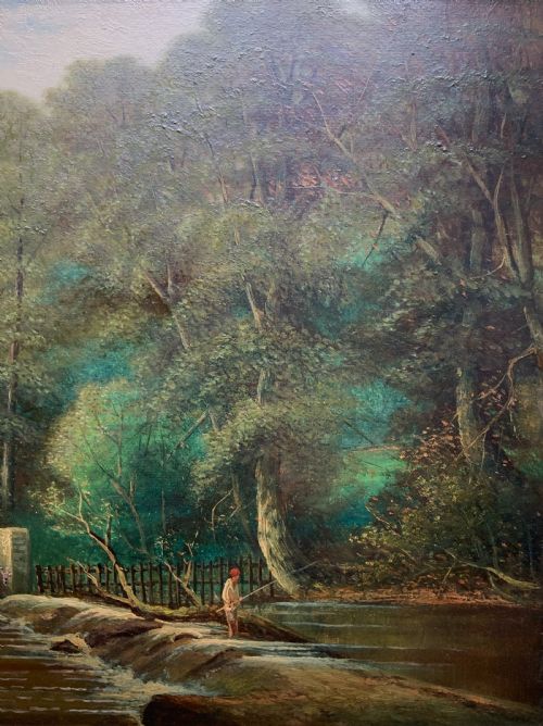 fig 2. An early 20th-century landscape oil painting displaying a woodland river scene with a figure fishing near a weir, encased in a deep gold frame.