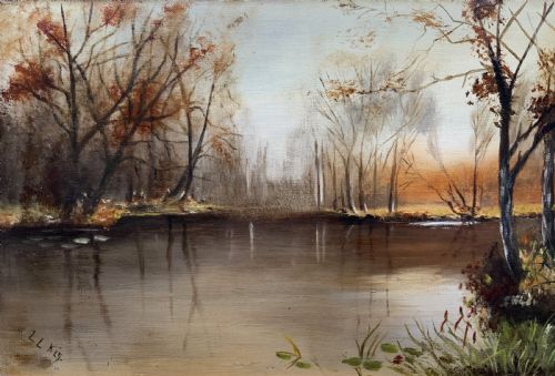 fig 3. A GORGEOUS ORIGINAL EARLY 20thC AUTUMN RIVER LANDSCAPE OIL ON CANVAS PAINTING