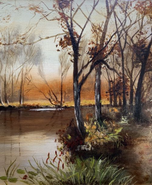 fig 5. A GORGEOUS ORIGINAL EARLY 20thC AUTUMN RIVER LANDSCAPE OIL ON CANVAS PAINTING