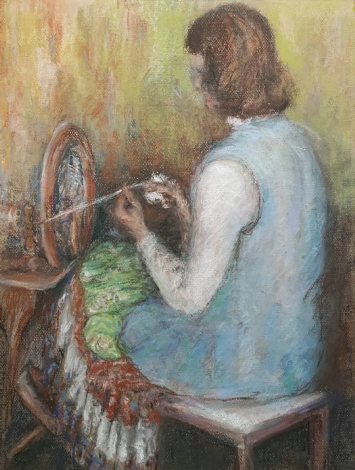 THE SPINNING WHEEL FABULOUS 1951 POSTIMPRESSIONIST PASTEL PORTRAIT PAINTING - ADDITIONAL PHOTO 3