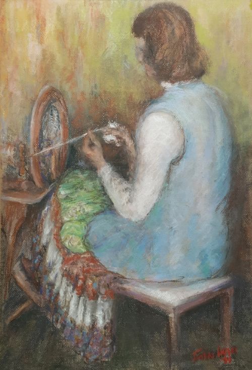 THE SPINNING WHEEL FABULOUS 1951 POSTIMPRESSIONIST PASTEL PORTRAIT PAINTING - ADDITIONAL PHOTO 4