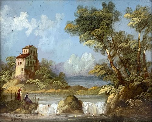 fig 1. UNUSUAL MID-20th-CENTURY ITALIAN LAKE MINIATURE LANDSCAPE OIL PAINTING